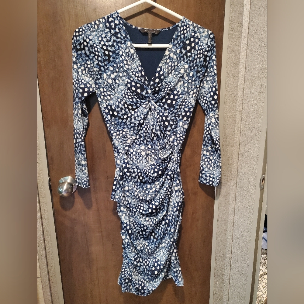 BCBG Max Azria Blue/White Polka Dot Ruched Dress, Size XS